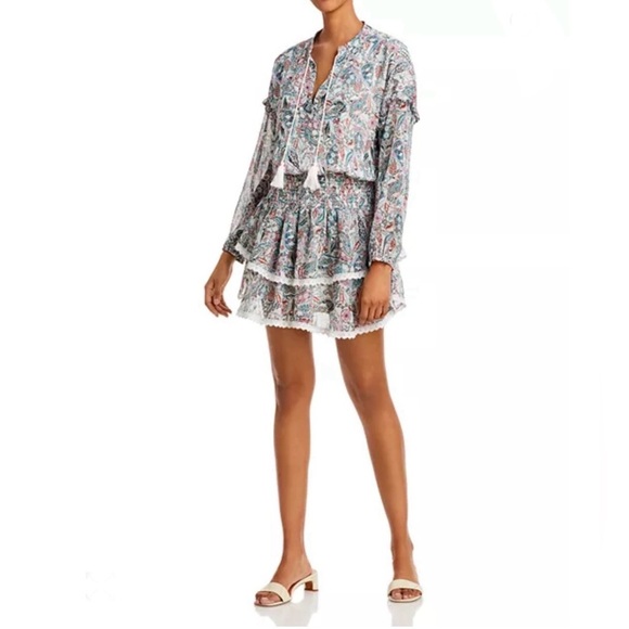 AQUA Paisley Smocked Waist Crochet Trim Tiered Mini Dress Spring White Ivory S - Picture 1 of 15